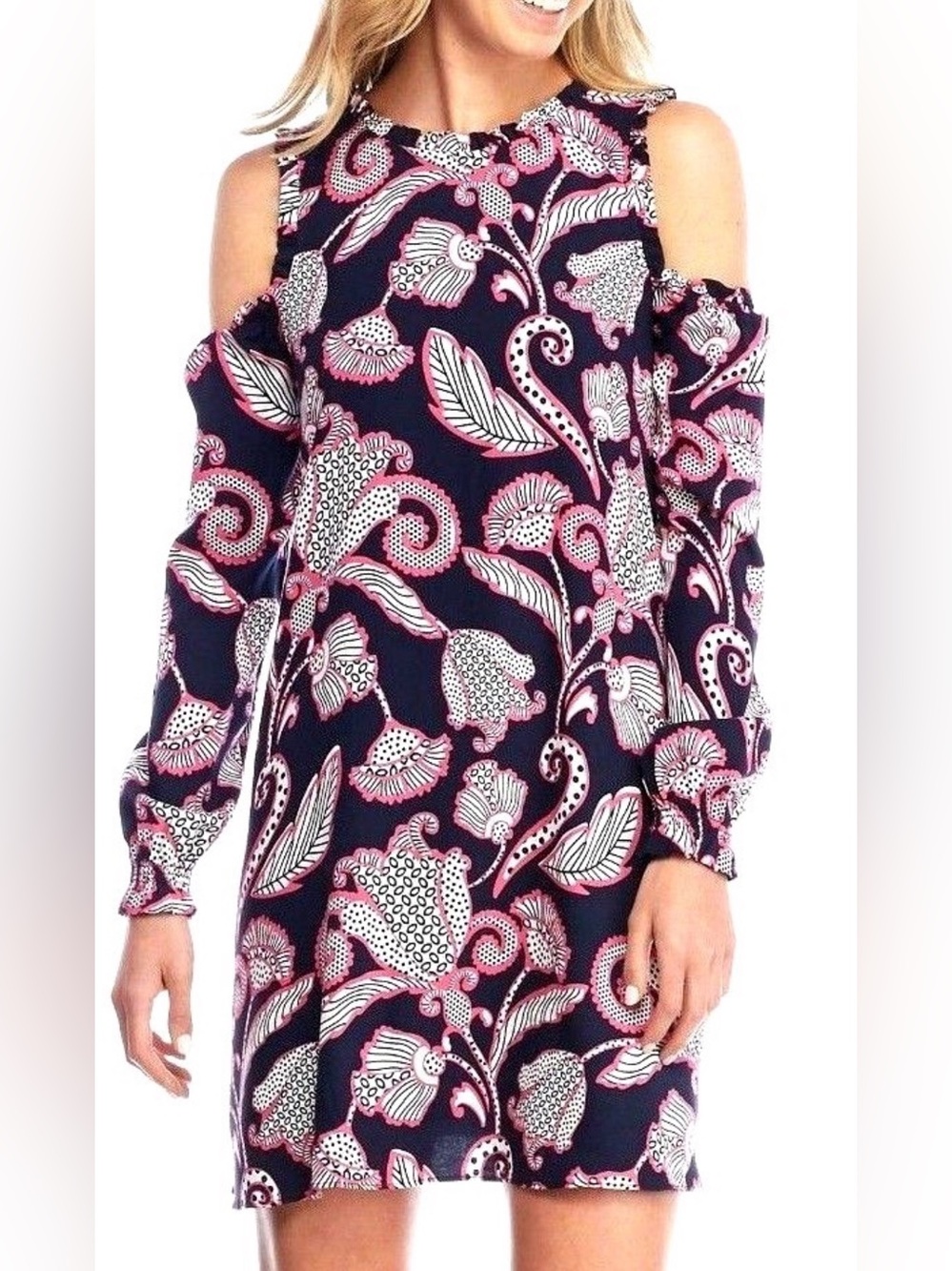 Crown & Ivy Womens S Navy Pink Floral Cold Shoulder Dress Ruffle Shift Rayon